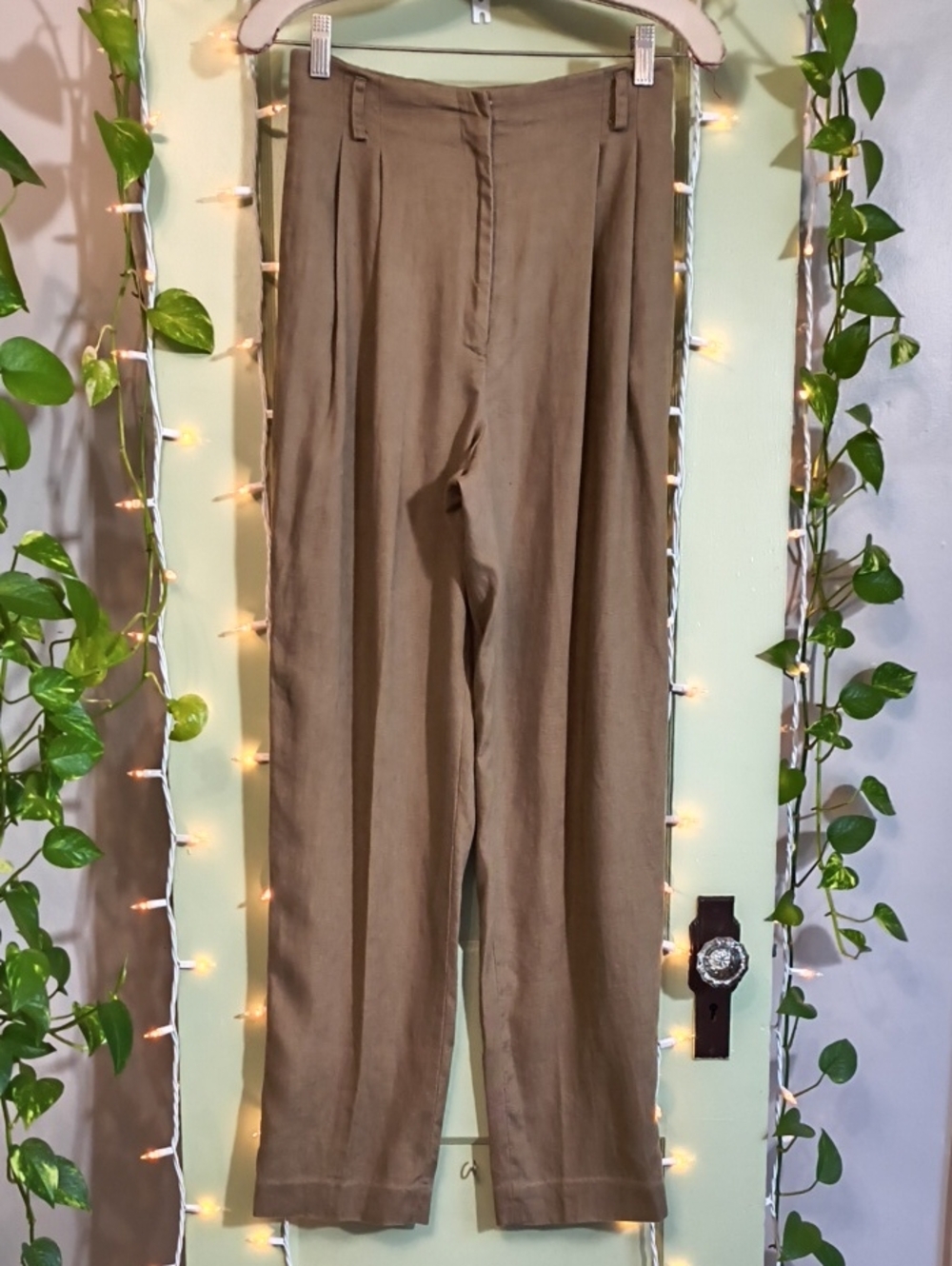 Women's Valerie Stevens Pure Linen Paperbag High Waisted Brown Slacks Trousers 4